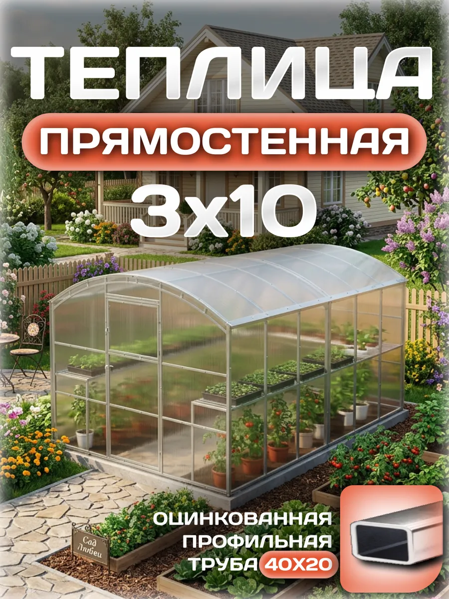 Теплица прямостенная 3х10 м, каркас 40х20, шаг дуг 0.65 м усиленная с поликарбонатом 4 мм 0,80 кг/м²